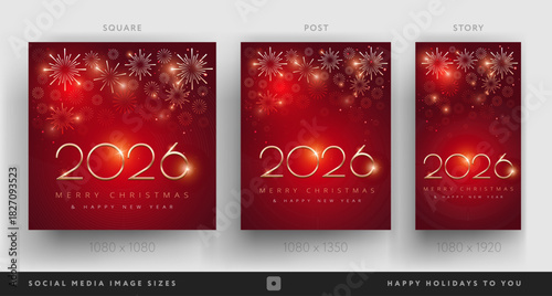 New Year 2026 and Christmas corporate red social media backgrounds with fireworks - Templates for company marketing stories, square, posts - vector illustration