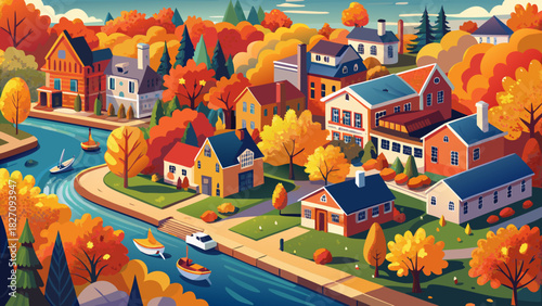 Very beautiful aerial autumn scene showcasing a historic residential neighborhood with colorful fall foliage, tree-lined streets, and charming homes beside the calm river, creating a serene New Englan