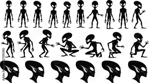 Vector silhouette set of classic gray aliens in various standing, crouching, and walking poses with large eyes and heads, ideal for science fiction, UFO, and space exploration concepts.
