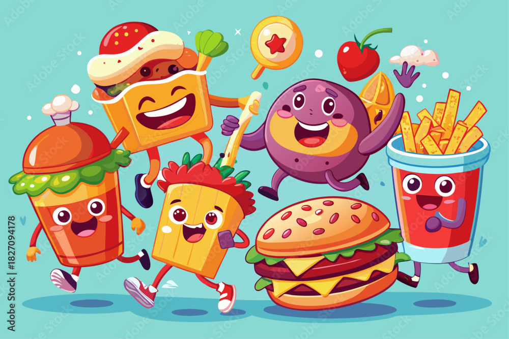 Fototapeta premium Playful fast food characters with happy burgers, fries, pizza and drink in fun cartoon style, energetic fitness theme illustration, colorful humor concept for creative designs and advertising.
