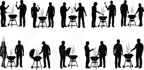 Vector silhouette collection of people grilling outdoors at a barbecue, showing various men and women cooking and socializing around a charcoal BBQ, representing summer party fun.