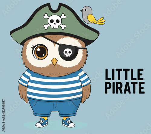 Cartoon pirate owl, green hat, eye patch, striped shirt, bird companion, playful theme, kids design, flat vector illustration