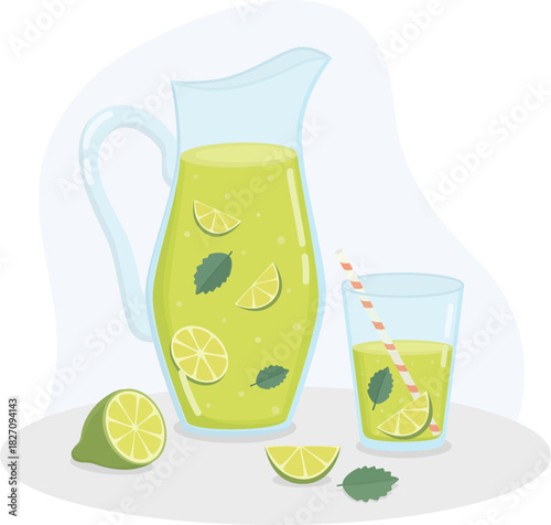 Still life with jug of lime lemonade, glass with striped straw, fruits and leaves. Summer refreshing drink with mint.