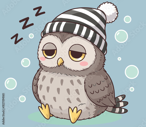 Sleepy owl, cartoon style, winter hat, tired expression, bedtime theme, pastel background, cute animal, flat vector illustration