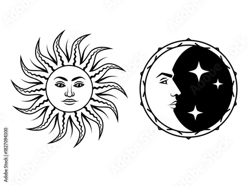 Sun and moon with face icons. Astrology mystic symbols for tattoos, horoscopes, magic, and esoteric designs. Black vector illustration isolated on a white background