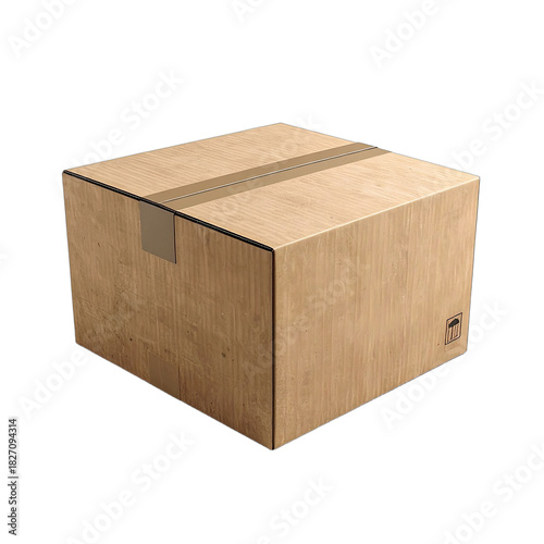 A high-quality rendered image of a sealed cardboard shipping box against a stark black background.