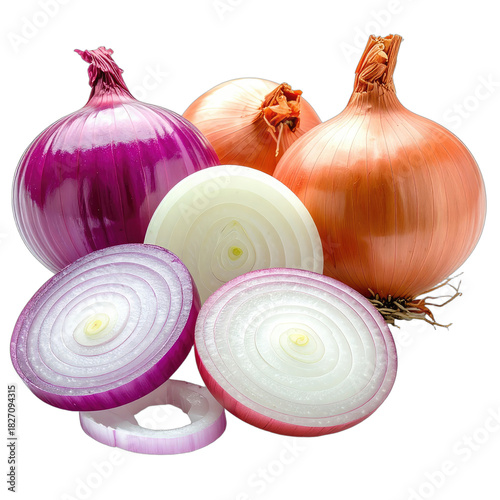A colorful assortment of whole and sliced red, white, and yellow onions against a black background.