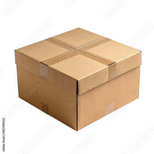A closed, square, taped cardboard shipping box isolated on a black background.