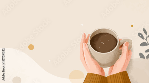 Minimal hands holding cocoa mug with copy space for premium beverage branding and cozy seasonal marketing.