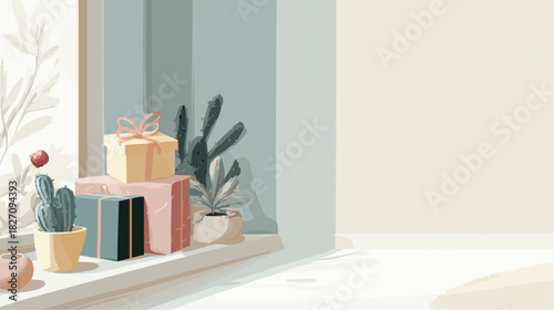 Modern vector interior with wrapped gifts, in soft winter palette, with space for text for holiday packaging and branding.
