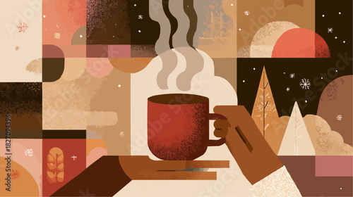 Abstract geometric cocoa mug with steam arcs in warm palette for winter packaging and digital editorial use