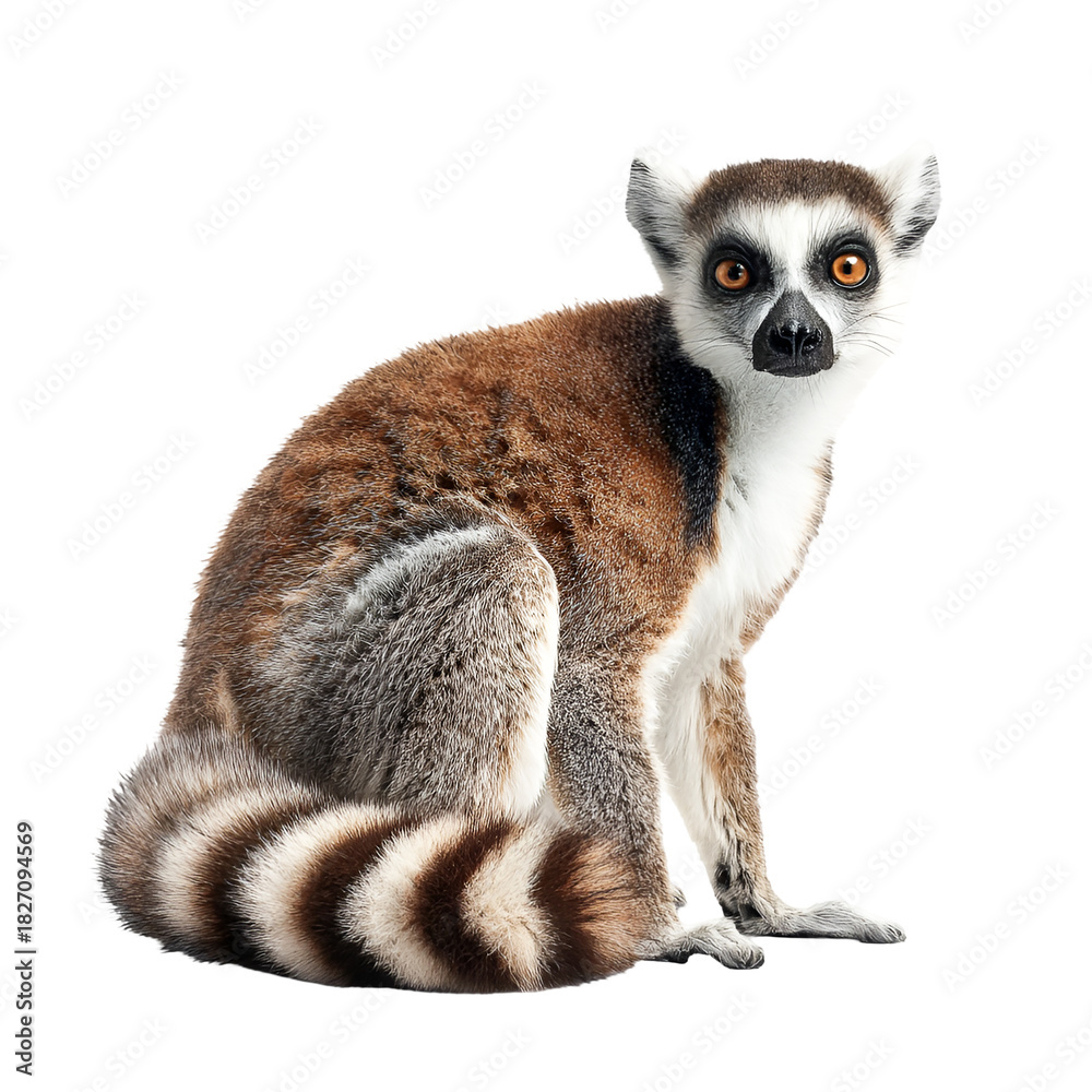 Obraz premium Ring tailed lemur animal sitting and looking forward isolated on transparent background