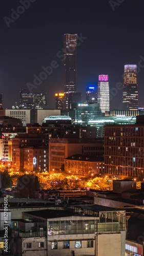 Nighttime cityscape of Beijing’s central district featuring its core cluster of urban buildings