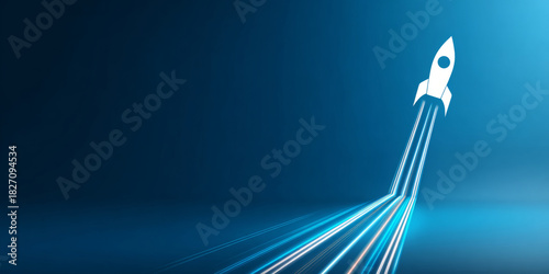 Fototapeta Naklejka Na Ścianę i Meble -  A rocket ship with a trail of light streaks upward into the sky, symbolizing growth and progress