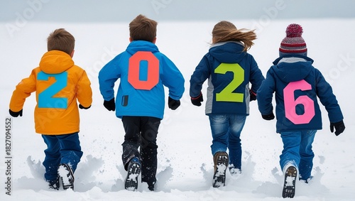 Die Jahreszahl 2026 steht auf den Rücken von vier Kindern, die im Schnee laufen.