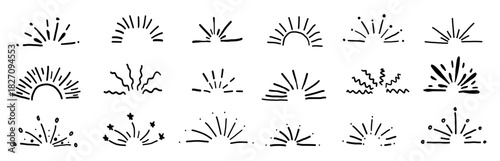 Surprise icon set with hand-drawn sparkles, sun rays, and dynamic motion effects perfect for comic style projects and playful vector illustrations