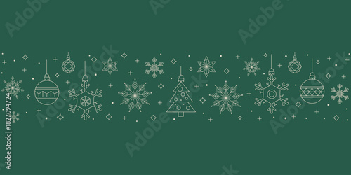 Green Christmas horizontal banner vector; Line art decorations snowflake tree ornament background; Winter holiday festival header illustration