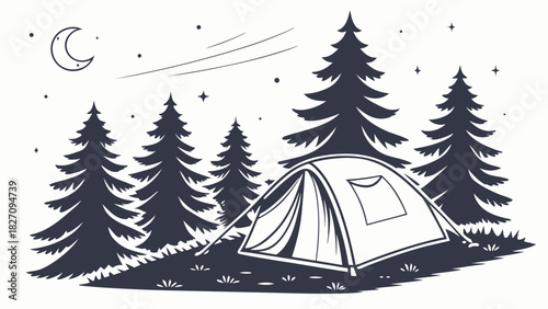 A cozy camping scene with a tent nestled among tall pine trees under a starry night sky, , evoking a sense of adventure