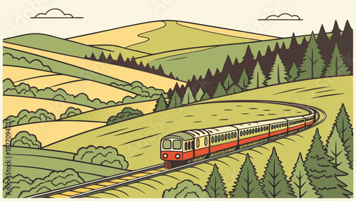A scenic train journey through rolling hills, with a winding track leading through lush greenery and a clear sky above, creating a peaceful landscape