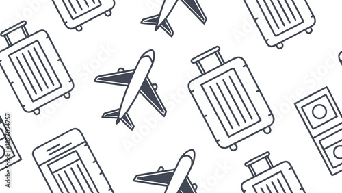 Seamless travel pattern featuring suitcases and airplanes, perfect for vacation, tourism, and transportation themes