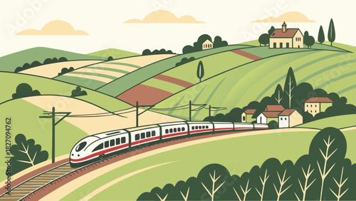 A highspeed train gracefully traverses the verdant countryside, passing rolling hills, quaint houses, and lush trees under a serene sky