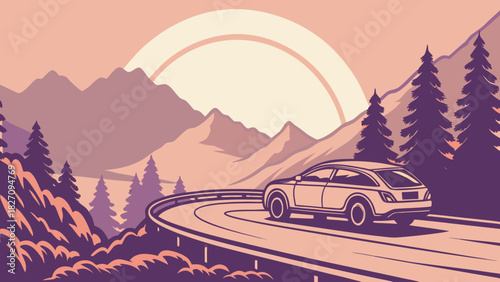 A serene journey unfolds as a car navigates a winding road through majestic mountains, bathed in the warm glow of the setting sun, evoking tranquility