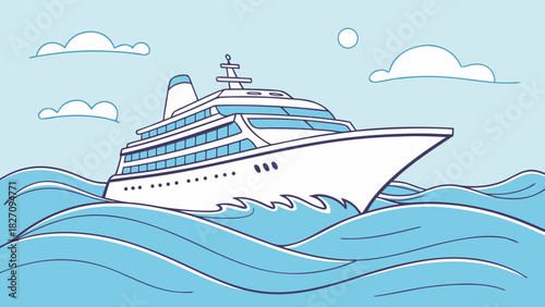A majestic cruise ship sails on the wavy ocean under a partly cloudy sky, creating a serene and picturesque scene of maritime adventure