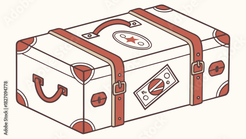 A vintage suitcase with red straps and corner reinforcements, adorned with travel stickers, , evoking a sense of adventure