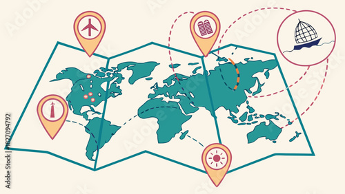 World map with travel icons indicating various destinations, showcasing different modes of transportation and landmarks
