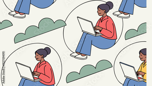 Illustration of diverse women working remotely on laptops, surrounded by circles and cloud shapes, against a light beige background
