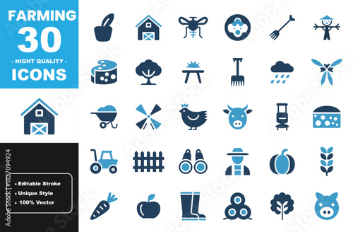 High-Quality Farming Icons Set Featuring Agriculture, Crops, Livestock, and Farm Equipment Symbols