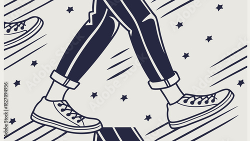 A person walking with sneakers and cuffed pants, depicted in a stylized illustration with stars and diagonal lines