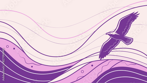 A majestic purple eagle soars above stylized waves, its wings spread wide against a backdrop of flowing lines and gentle curves in varying shades