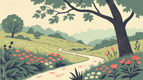 A winding path meanders through a verdant landscape, adorned with wildflowers and framed by a majestic tree, inviting exploration and tranquility