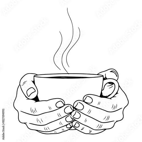Hands holding a hot cup of coffee or tea Vector black and white line art illustration