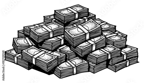 Hand drawn stack of money bundles and cash pile sketch Vector illustration of banknotes heap in vintage engraving style