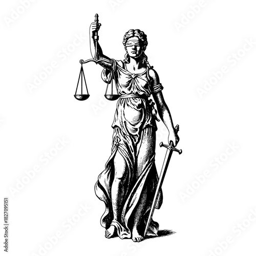 Lady Justice blindfolded holding scales and a sword representing law Vector black and white line art illustration