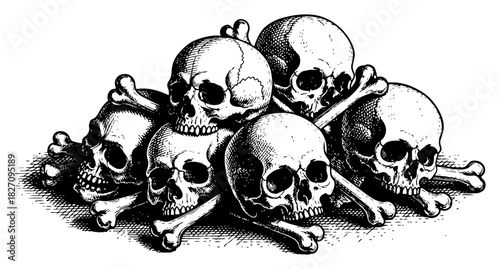 Hand drawn pile of human skulls and crossed bones sketch Vector illustration of death and mortality symbol in vintage engraving style