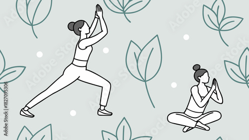 Two women are depicted in a yoga pose, one standing in a lunge with hands raised, the other seated in a crosslegged position with hands clasped