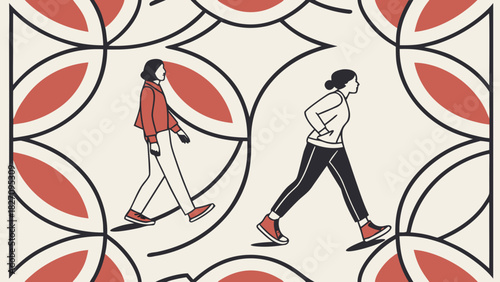 Two figures walking confidently amidst a pattern of interlocking circles, creating a dynamic and visually engaging composition