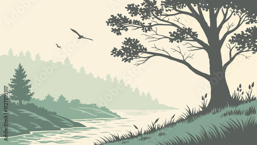 A serene landscape illustration showcases a tranquil river flowing past a lush green bank, with birds soaring above the misty hills and a majestic tree