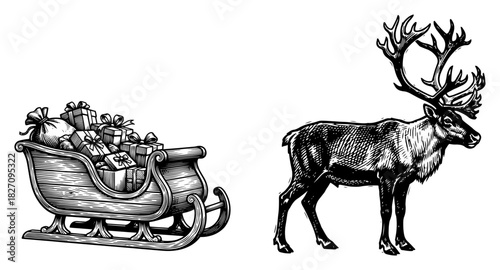Santa Claus sleigh full of gifts and reindeer standing side view Vector black and white line art illustration