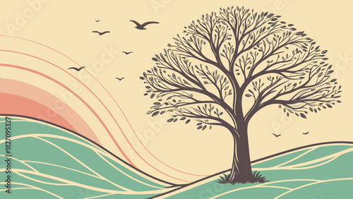 A serene landscape featuring a solitary tree standing tall against a backdrop of rolling hills and a pastelcolored sky, evoking a sense of tranquility