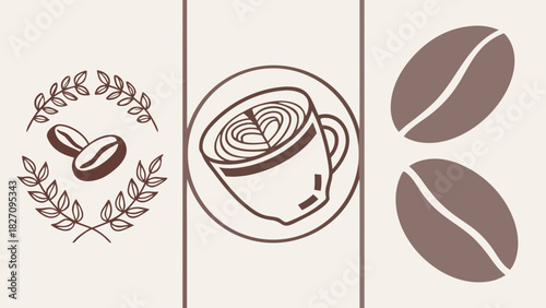 Elegant coffee design featuring coffee beans, a latte art mug, and a wreath, all rendered in a minimalist style on a neutral background