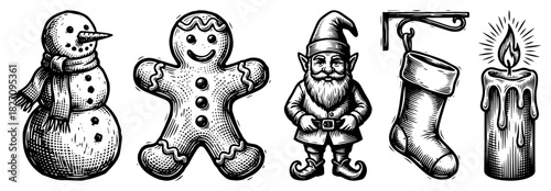 Hand drawn Christmas holiday symbols set sketch Vector collection of snowman gingerbread man elf stocking and candle in vintage engraving style