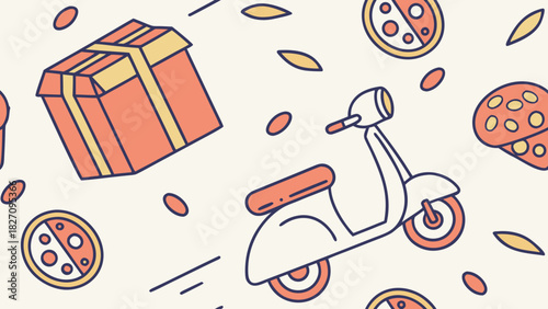 Seamless pattern featuring delivery scooter, gift box, and pizza slices on a light background, creating a fun and playful design for various applications