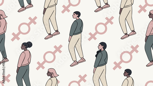 Seamless pattern of diverse women and gender symbols on a white backdrop, promoting inclusivity and female empowerment