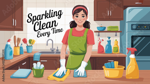 Smiling woman in apron and gloves cleaning kitchen countertops with cleaning supplies