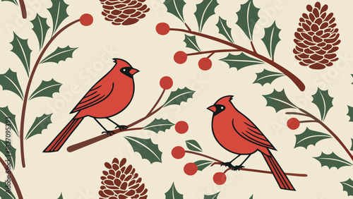 A festive pattern featuring two red cardinals perched on branches with berries, pinecones, and holly leaves against a light beige background