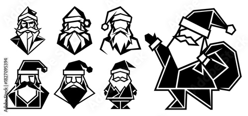 Modern geometric Santa Claus logo vector set featuring abstract polygonal character icons and minimalist holiday symbols
